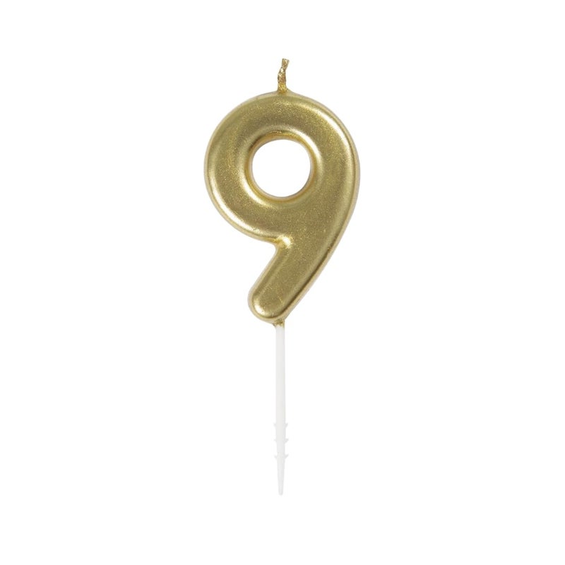 Unique Party Metallic Number 9 Party Pick Candle - 4.7" | Gold | 1 Pc - Image 1